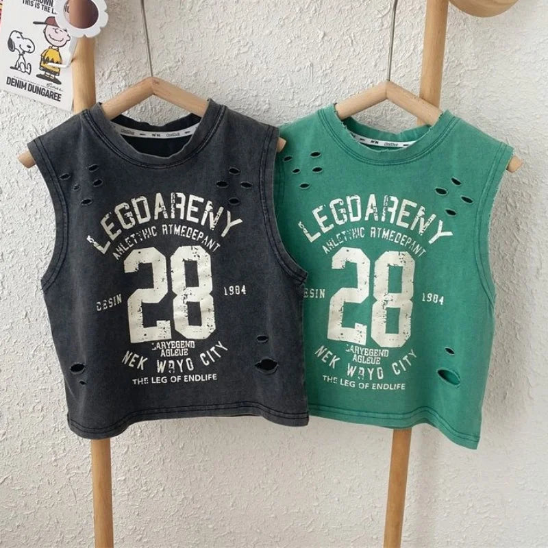 Summer Handsome Boys New Black Pure Cotton Sleeveless Perforated T-shirt Loose Style Baby Children Tank Top