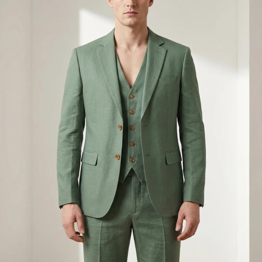Sage Green Linen Men Suit for Wedding Beach 3 Pieces Slim Fit Groom Tuxedo for Groomsmen Wear Prom Party (Jacket + Pants + Vest)