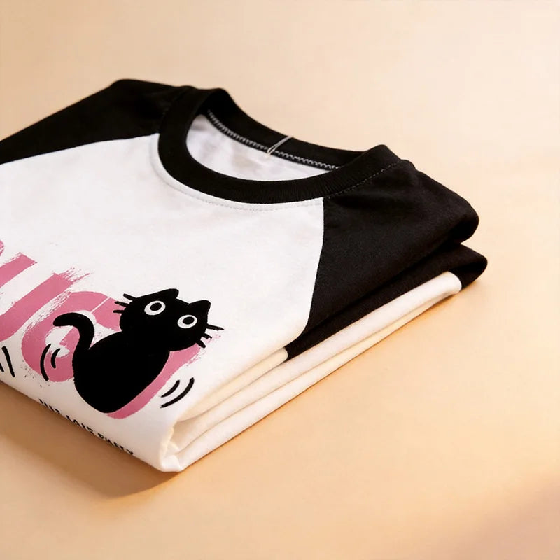 Funny Kawaii T Shirt Retro Black Cat Letter Print Crew Neck T-Shirt Casual Short Sleeve Tops for Spring Summer Women's Clothing