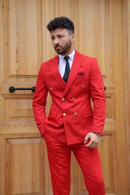 2-piece  Red Men Suit Blazer Pants Double Breasted Peaked Lapel Business Slim Wedding Groom Tailored Costume Homme