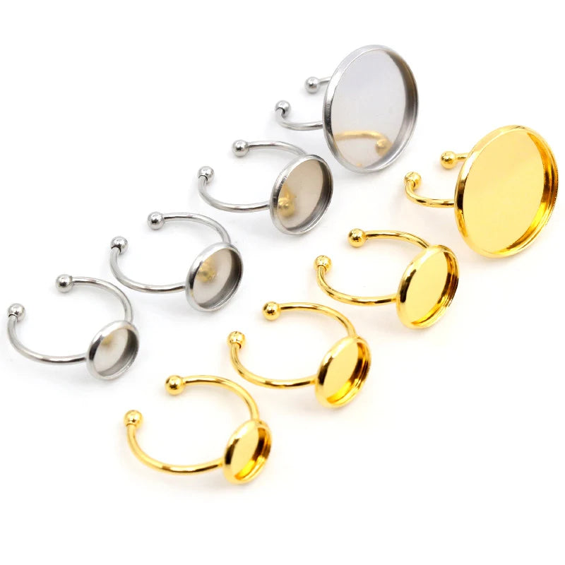 10pcs 6 8 10 12 14 16 18 20mm Stainless Steel Gold Plated Adjustable Ring Settings Blank Base,Fit 6-20mm Glass Cabochons Buttons
