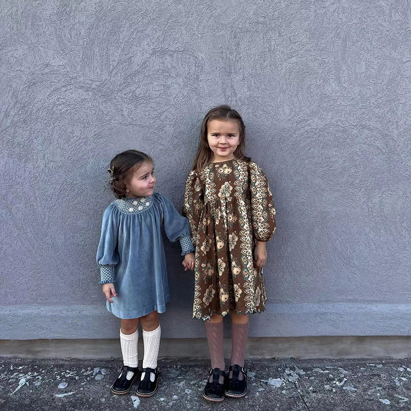 BebeO Baby Girls Long Sleeve Tops Suits Dress Rompers Hats Autumn Summer Retro Pattern Party Dress Kids Clothing Spring Dress