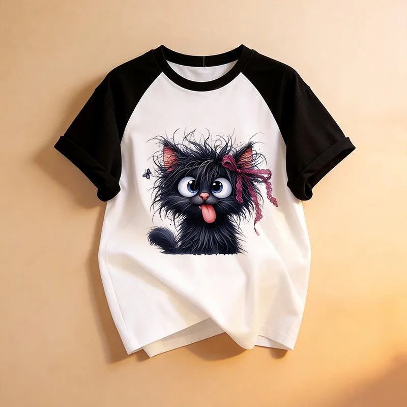 Funny Kawaii T Shirt Retro Black Cat Letter Print Crew Neck T-Shirt Casual Short Sleeve Tops for Spring Summer Women's Clothing