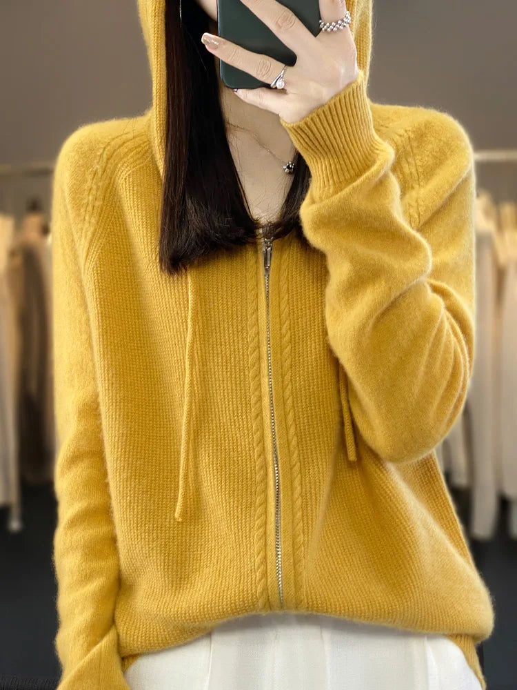 Autumn Winter 100% Merino Wool Sweater Cardigan Women's Hooded Zippers Raglan Sleeve Cashmere Knitwear Casual Chic Clothing Tops