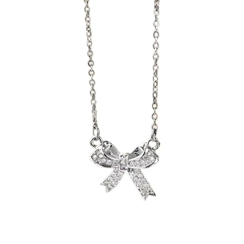 FTCY Exquisite Copper Inlaid Zirconia Bow Pendant Necklace For Women Fashion Simple  Stainless Steel Clavicle Chain Jewelry Gift