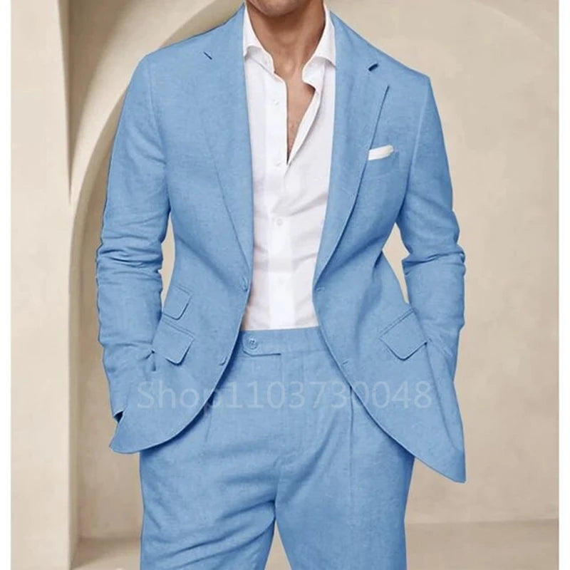 Blue Linen Wedding Suits for Party Prom Slim Fit Casual Men Suit Notched Lapel Jacket with Pants 2 Pieces Set for Summer Beach