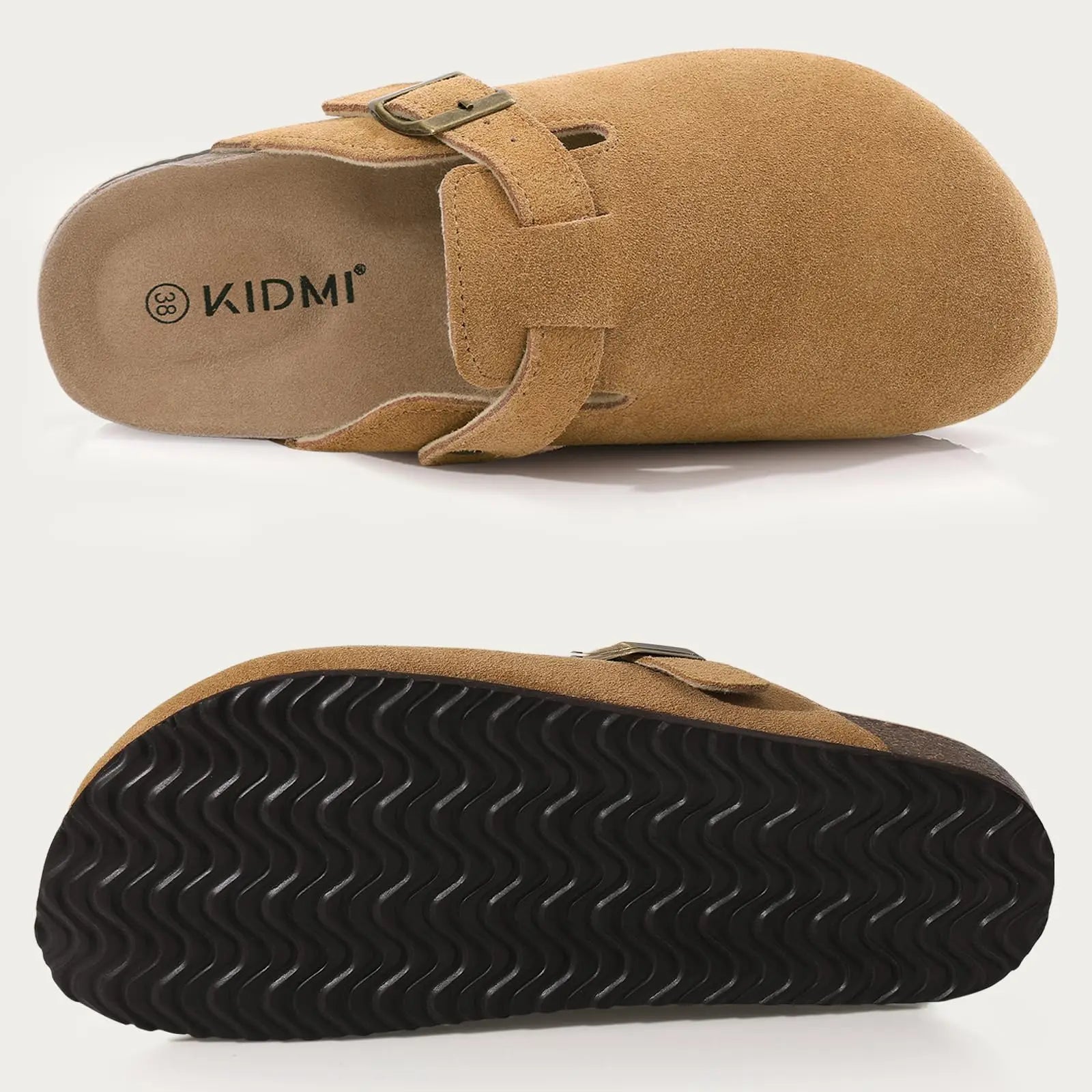 Shevalues Women Cow Suede Clogs With Adjustable Buckle Cork Leather Mules Comfortable Slip on Women Slippers Outdoor Cork Clogs