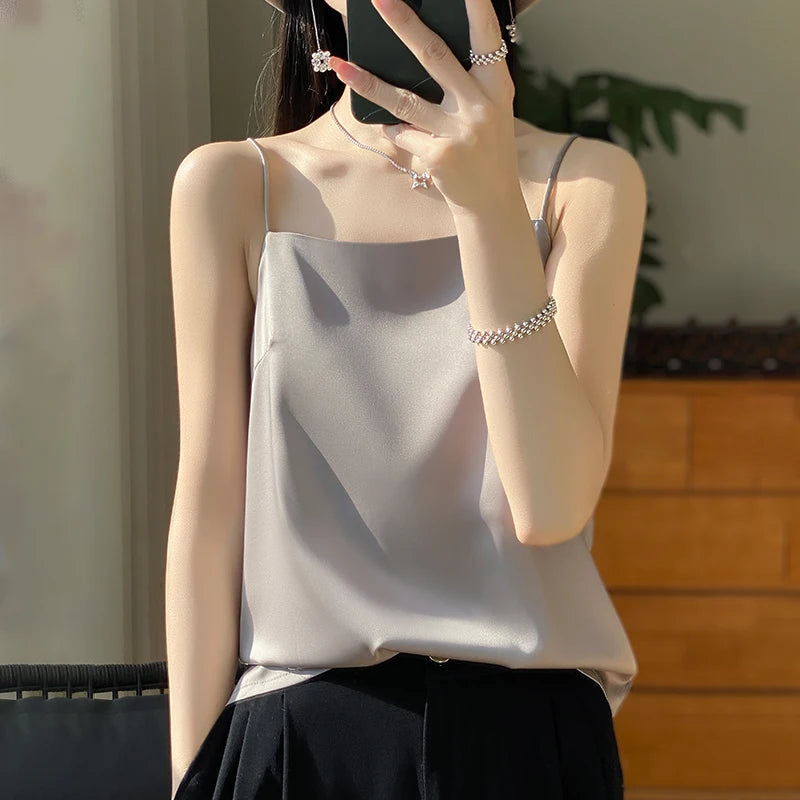 New Ice Silk Sexy Satin Strap Women's Spring/Summer Vest Solid Color Sleeveless Sexy Comfortable Silk Underwear Vest RW-D19