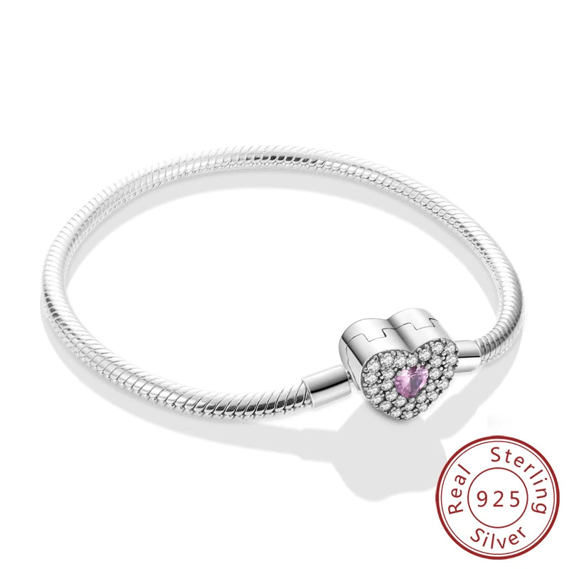 Bracelet 17-20CM Love Heart Original 925 Sterling Silver Charm Bracelet Pave Zirconia Bracelet for Women DIY Charm Jewelry Gifts