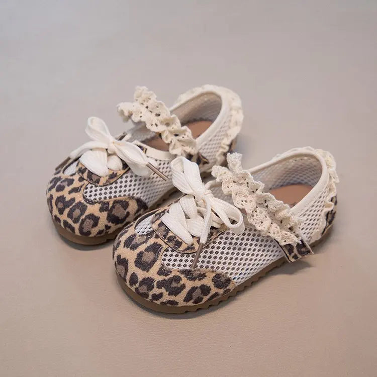 Girls Leopard Print Mesh Shoes Fashion Casual Sneakers Sweet Lace Trim Mesh Sneakers Adjustable Strap Summer Breathable Footwear