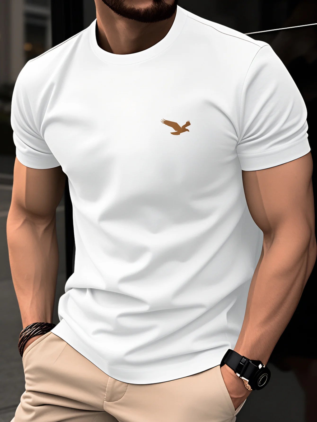 100% pure cotton men's summer casual sports fashionable loose spread eagle pattern printed round neck short sleeved T-shirt top