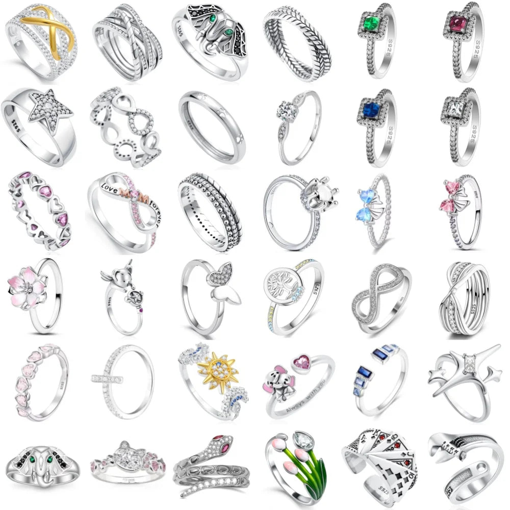 Hot Selling 925 Silver,Square,Bow,Flower,Playing Card Ring,Size 6 7 8 9,Suitable for European Women's Charm Luxury Jewelry Gifts