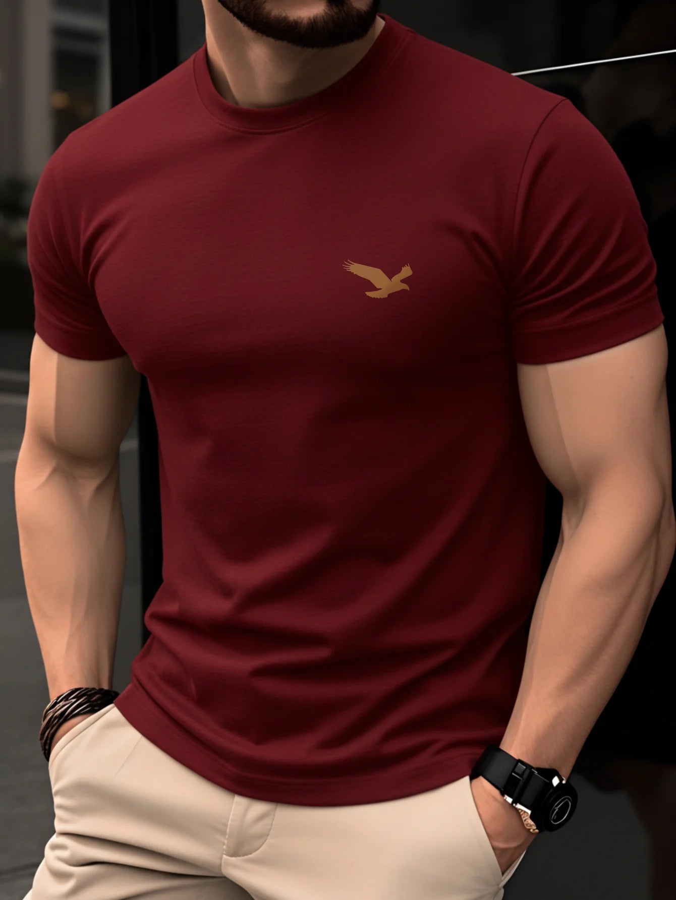 100% pure cotton men's summer casual sports fashionable loose spread eagle pattern printed round neck short sleeved T-shirt top