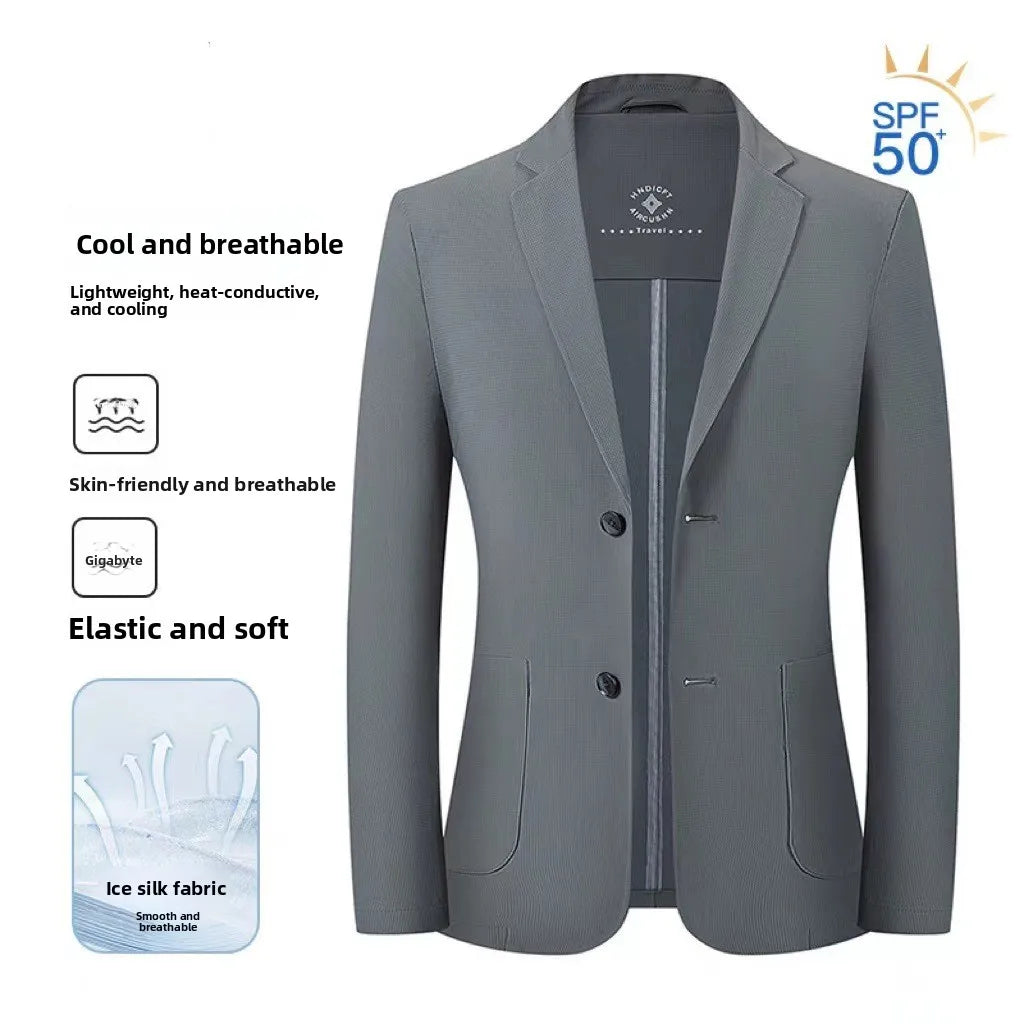 Ice Silk Original Yarn Casual Men's Suit Jacket Spring Summer New Style Breathable No-Trace Flat Collar Slim Fit Business Gen...