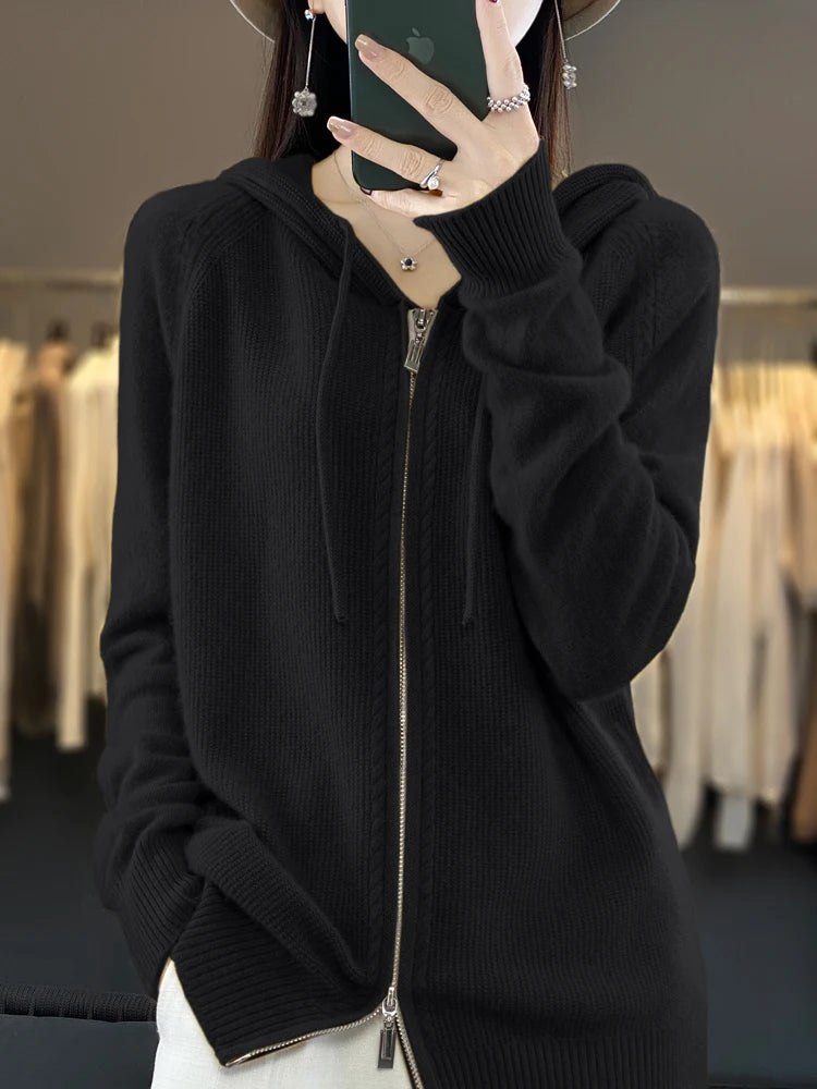 Autumn Winter 100% Merino Wool Sweater Cardigan Women's Hooded Zippers Raglan Sleeve Cashmere Knitwear Casual Chic Clothing Tops