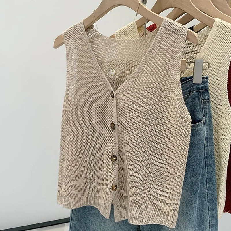 Summer Korean Cotton And Linen Fashion Casual Solid Color Loose V-Neck Vest For Women