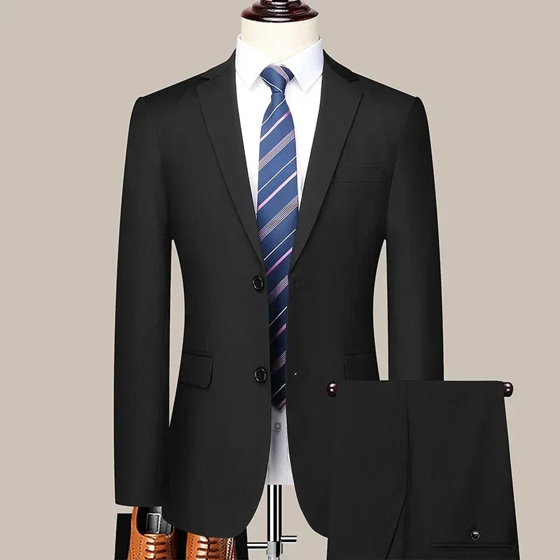 Solid Color Suit Men Fashion Business Outdoor Gentleman Trend Solid Color Casual Slim-fit Wedding Host Gentleman (Blazer+Pants)