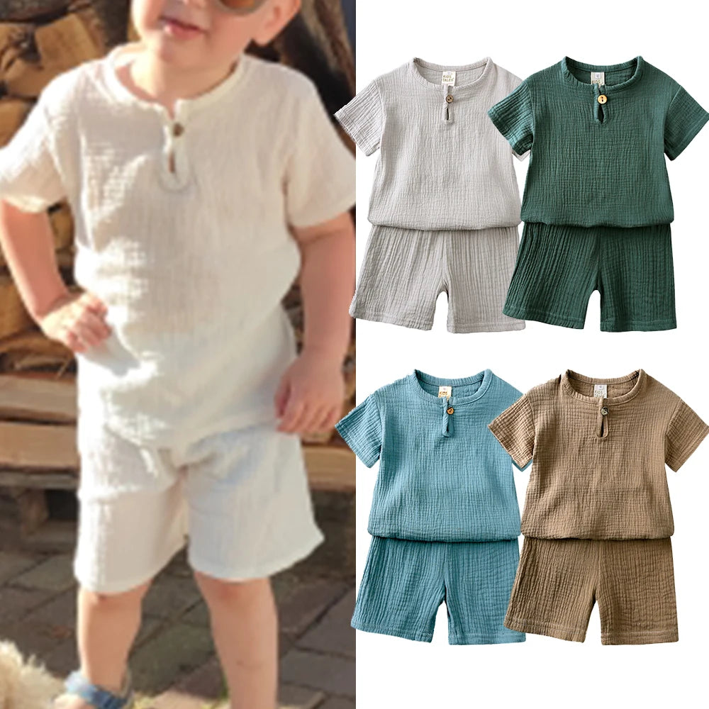 2026 Toddler Summer Boy Girl Outfits Cotton Linen Solid T-shirt Shorts Clothes For Children Korean Casual Breathable Clothes Set