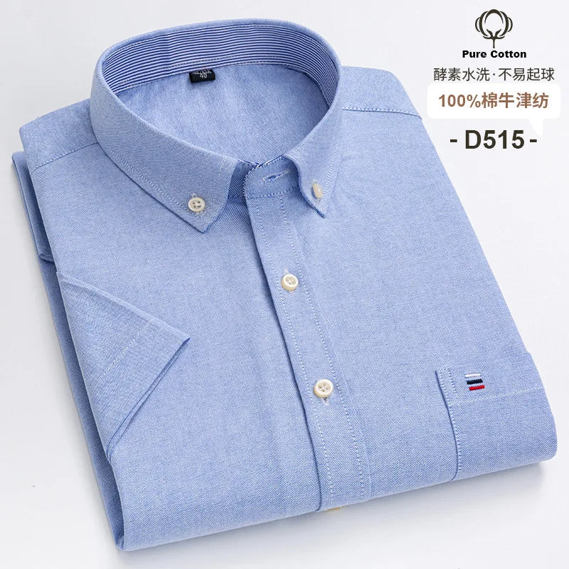 7XL Classic Men's Short Sleeve Shirt 100% Oxford Cotton Casual Plaid Stripe Shirt Business Men's Shirts Short Sleeve Large Size