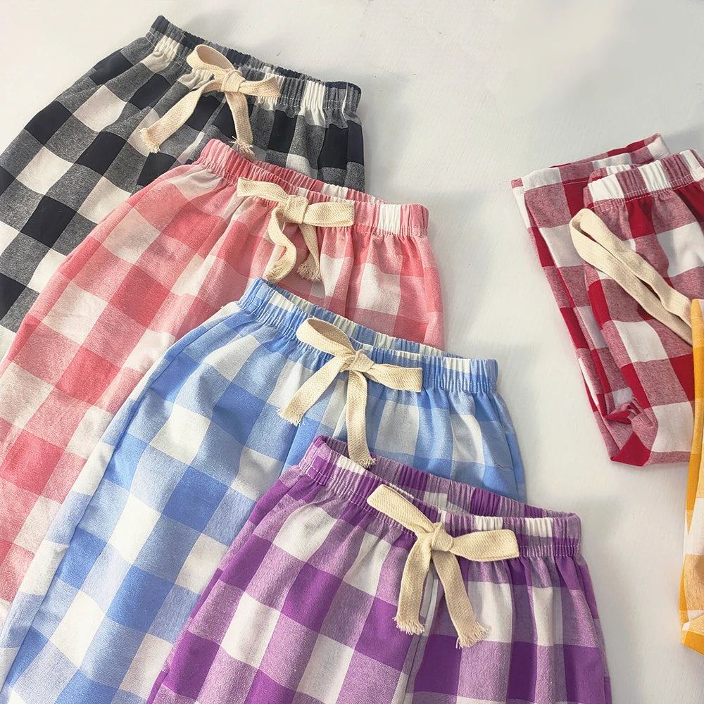 Spring Summer Kids Vintage Cotton Plaid Pant Boys Girls Loose Casual Pants Comfort Trousers For Girl Children's Clothing