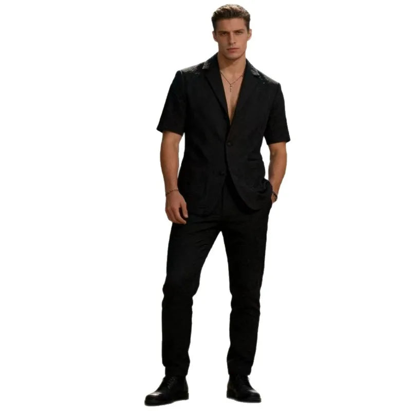 KIDWHXR Summer Man Suit Set Korean Thin Slim Short Sleeve Male 2-piece Outfit Men Single-breasted Blazer Elastic Waist Pant