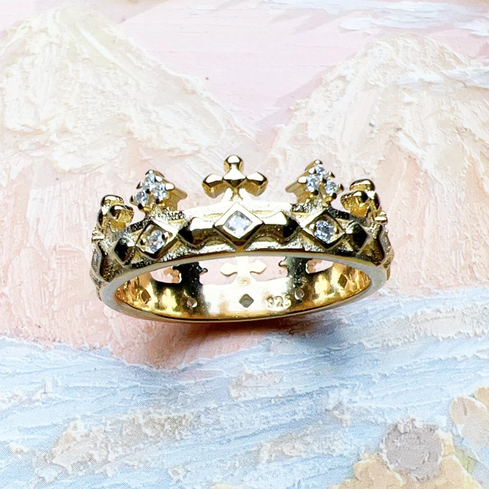 Ring Crown Gold Europe Style Fine Jewelry For Women Summer Brand New Pure 925 Sterling Silver Classic Gift