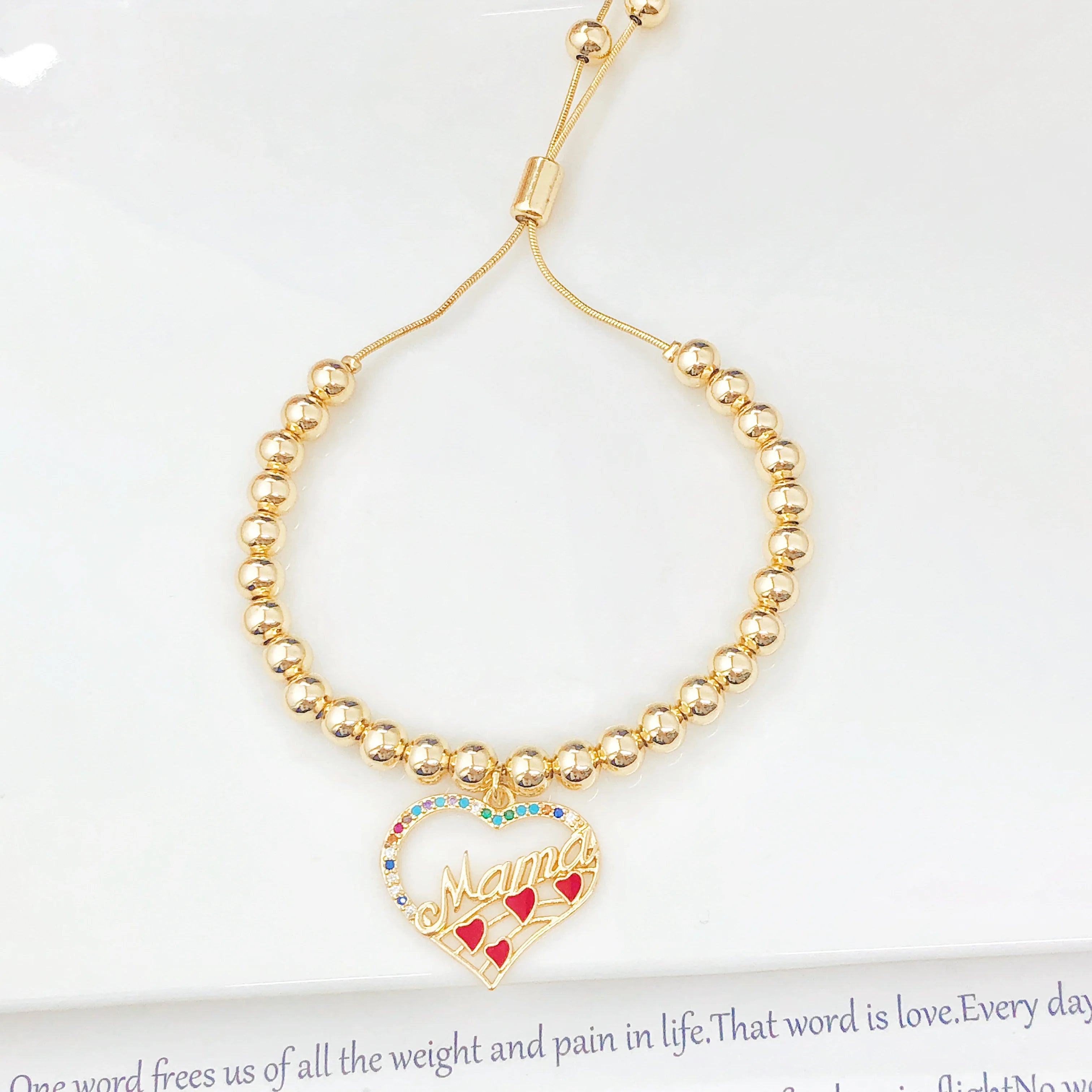New Arrival Gold-Plated Heart-Shaped Zircon Mama Copper Bead Bracelet Classic for Women Holiday Party Jewelry Mother's Day Gift