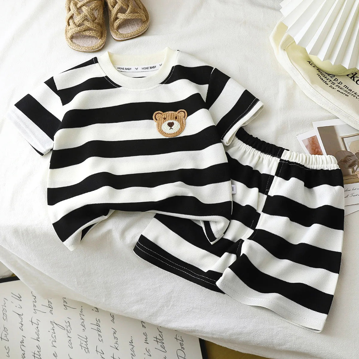 1Set Kid Clother Set Children Black White Stripe Print Short Sleeve T-Shirt Shorts Boy Girl Top Toddler Baby Leisure Sport Suits