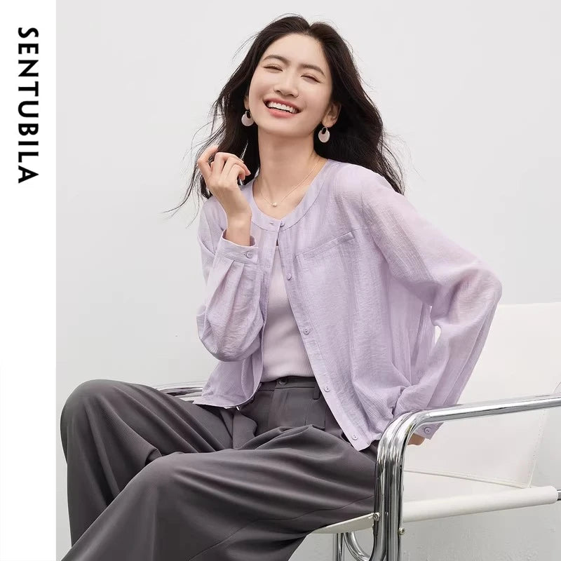 SENTUBILA Women's Oversized Lyocell Shirt 2026 Spring Summer Round Neck Long Sleeve Drawstring Sheer Casual Top 161WB5014