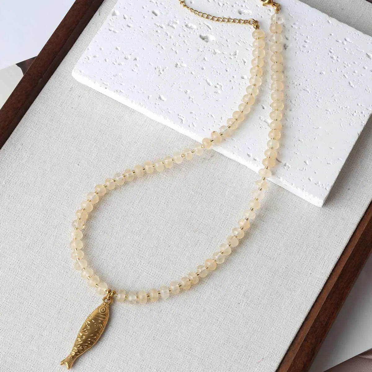 Trendy 4 Designs Stainless Steel Gold Plated Fish Turtle Pendant Stone Necklace for Women Waterproof Beach Party Jewelry Summer