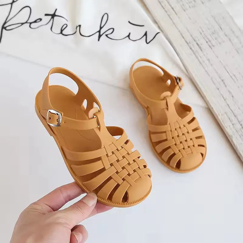 Girl Child Beach Shoes for Sea Summer Girls Gladiator Sandals Soft Non-slip Princess Jelly Shoes Flat Retro Roman Flip-flops