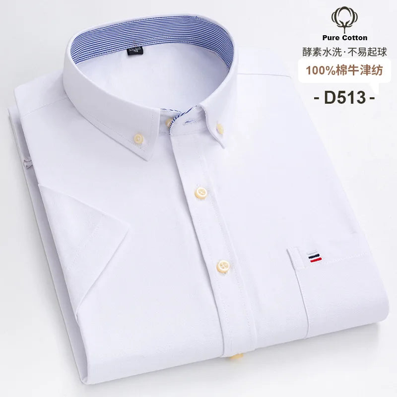 7XL Classic Men's Short Sleeve Shirt 100% Oxford Cotton Casual Plaid Stripe Shirt Business Men's Shirts Short Sleeve Large Size