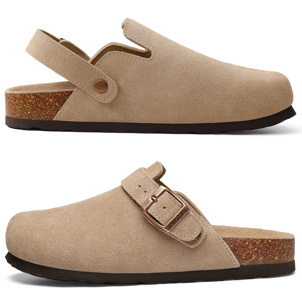 Litfun New Fashion Women's Clogs with Adjustable Strap Cork Footbed Leather Mules with Arch Support Unisex Outdoor Potato Shoes