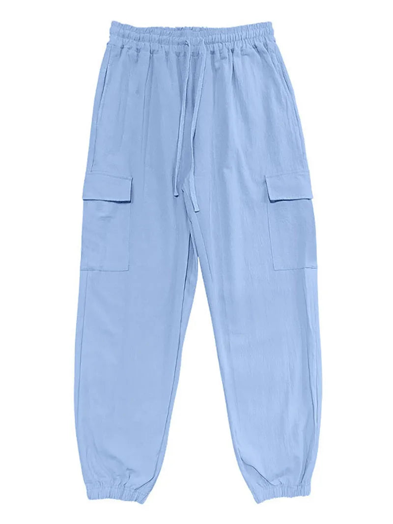 Men's Cotton Linen Cargo Jogger Pants Elastic Waist Drawstring Multi Pockets Casual Breathable Streetwear Trousers for Men