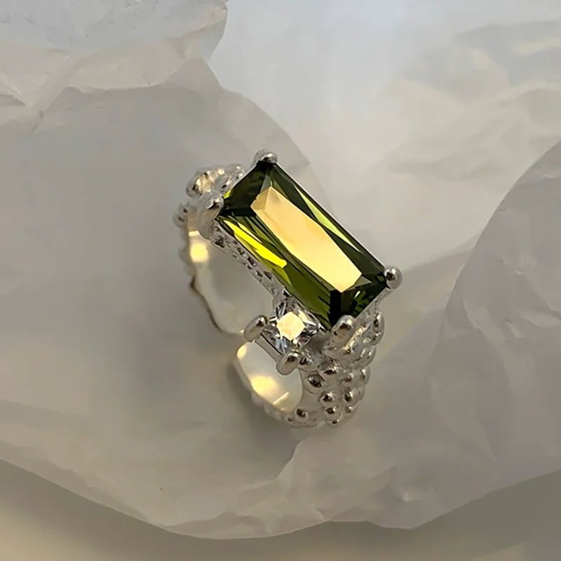 VENTFILLE 925 Sterling Silve Green Crystal Geometry Ring Square Retro Sweet Jewelry Birthday Gift Dropshipping