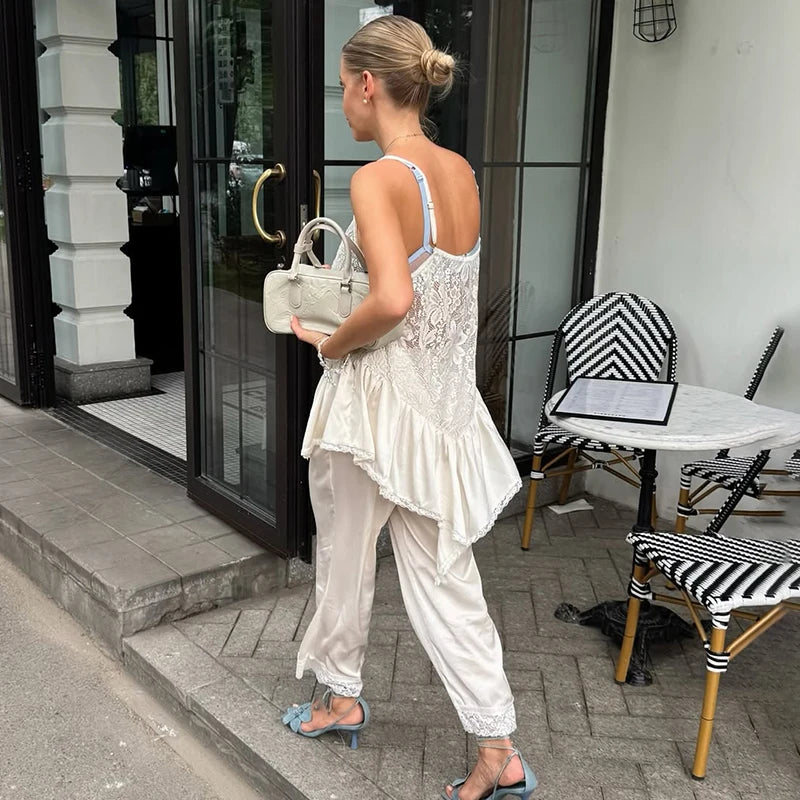 Tornova Lace Splice Sling Vest T shirt Lady Irregular See Through Sexy Top V neck Hot Girl Casual Party Commuting Tanks Fashion