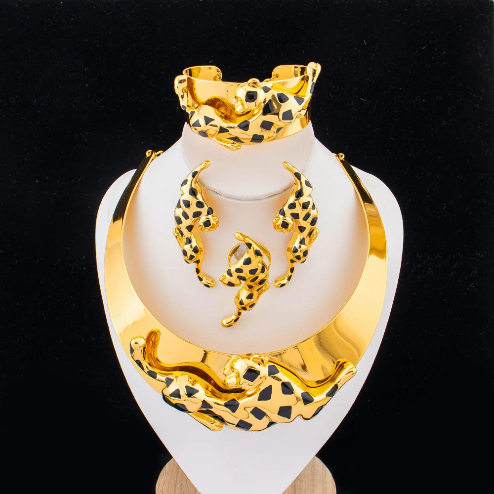 Original Jewelry Set African Leopard Necklace Earrings 18K Gold Plated Animal Shape Bracelet Ring Dubai Wedding Jewelry Gifts