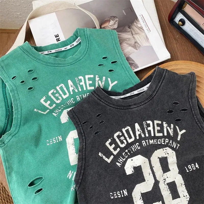 Summer Handsome Boys New Black Pure Cotton Sleeveless Perforated T-shirt Loose Style Baby Children Tank Top