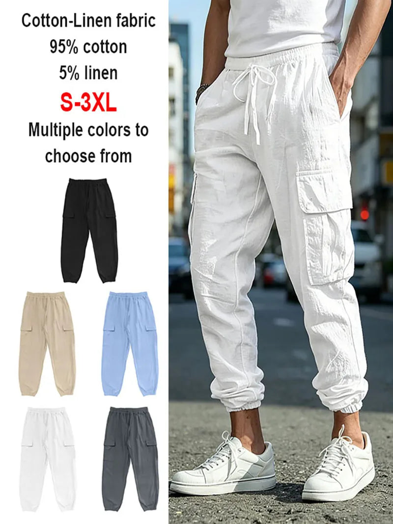 Men's Cotton Linen Cargo Jogger Pants Elastic Waist Drawstring Multi Pockets Casual Breathable Streetwear Trousers for Men