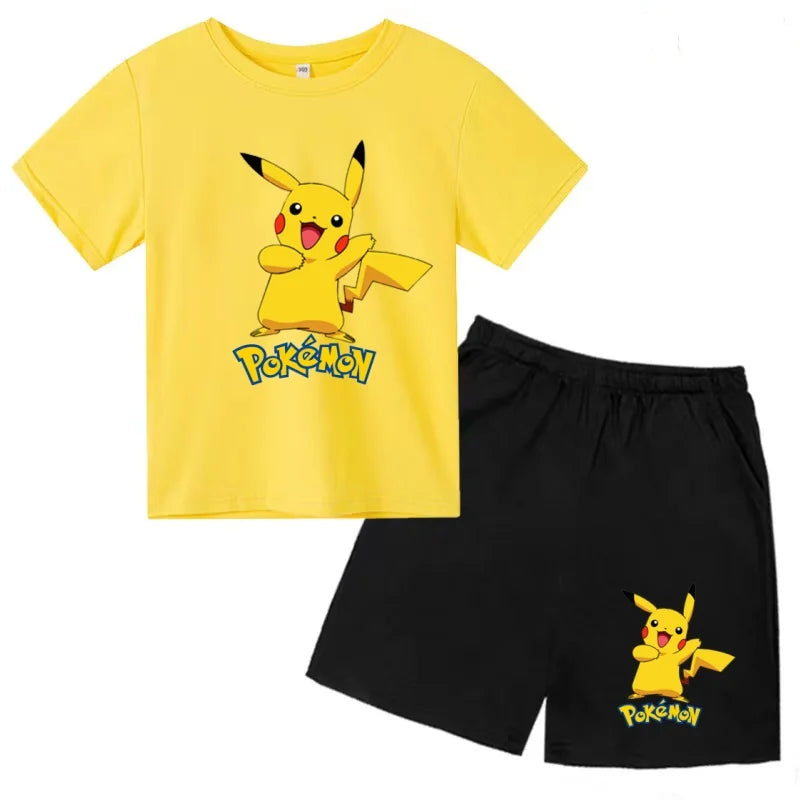 Children's T-shirt Cool Summer Anime Pikachu Print Boys Girls 3-12Years Pokemon Clothing Cartoon Short-sleeved+Shorts Casual Set