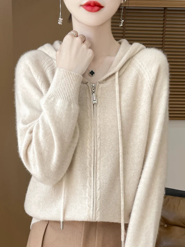 Autumn Winter 100% Merino Wool Sweater Cardigan Women's Hooded Zippers Raglan Sleeve Cashmere Knitwear Casual Chic Clothing Tops