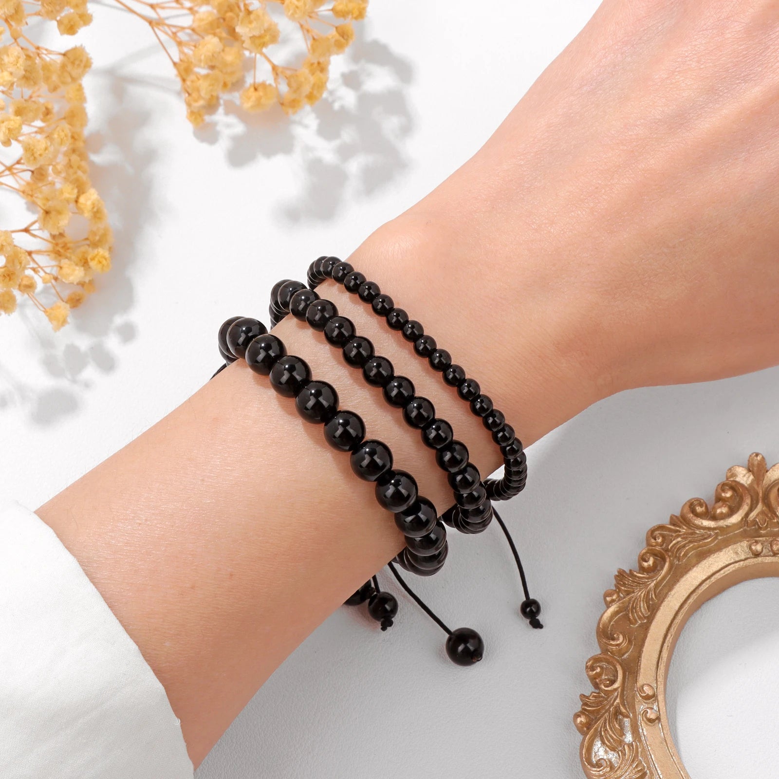 4/6/8mm Natural Black Tourmaline Stone Beads Bracelet Healing Energy Bracelets Adjustable Rope Braided Bracelet with Card Gifts