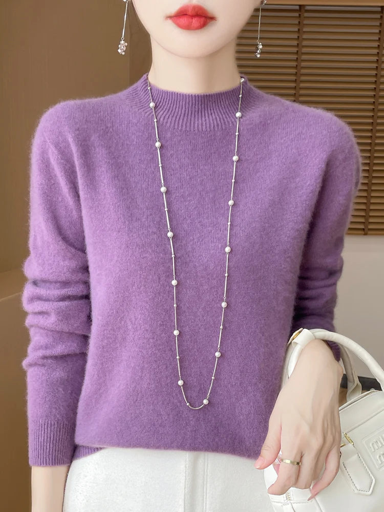 Women's Elegant Basic Style Pullover 100% Merino Wool Knitwear Autumn Winter Warm Solid Casual Loose Exquisite Clothing Tops