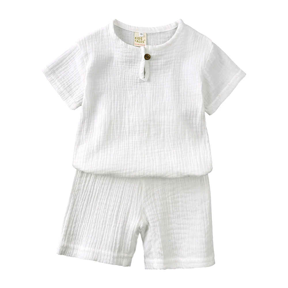 2026 Toddler Summer Boy Girl Outfits Cotton Linen Solid T-shirt Shorts Clothes For Children Korean Casual Breathable Clothes Set