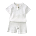 2026 Toddler Summer Boy Girl Outfits Cotton Linen Solid T-shirt Shorts Clothes For Children Korean Casual Breathable Clothes Set