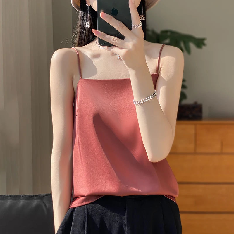 New Ice Silk Sexy Satin Strap Women's Spring/Summer Vest Solid Color Sleeveless Sexy Comfortable Silk Underwear Vest RW-D19