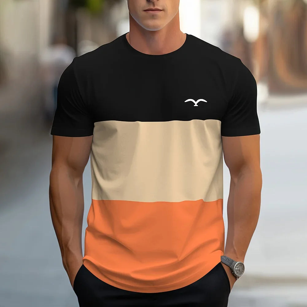 Fashion Splicing Stripes Print T Shirt For Men Casual O-neck Short Sleeve Pullover Summer Breathable Loose Tops Street Trend Tee