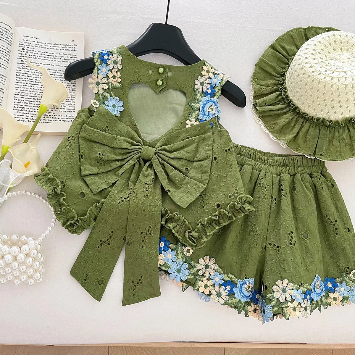 Summer Girl Dress 3psc Set Hat+Top+Short Pants Green Clothing Kids Dresses and Suit Big Bow Fashion Top and Bottom Short Set