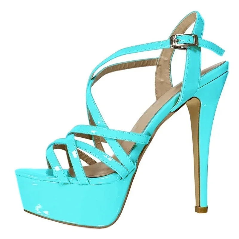 LOSLANDIFEN Women Sandals Sexy 14CM Platform High Heels Ankle Strap Sandal Open Toe Sanke Gladiator Party Dress Woman Shoes