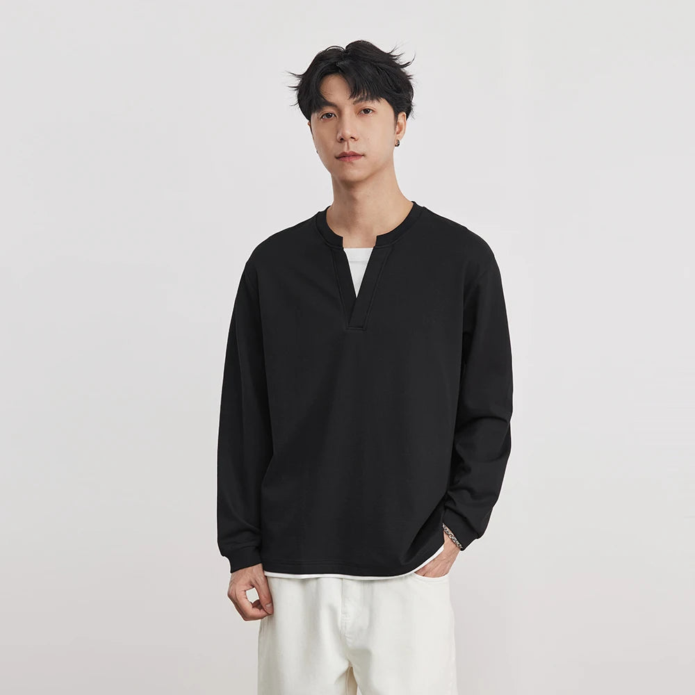 Japanese Simple Fake Two-piece Henry Collar Sweatshirt Men Spring Loose Long-sleeved T-shirt Casual Versatile Men's Clothing